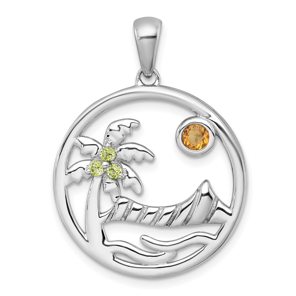 Sterlingsilber Rhodiniert Poliert & Gerillt Citrin/peridot Beach Scene Anhänger