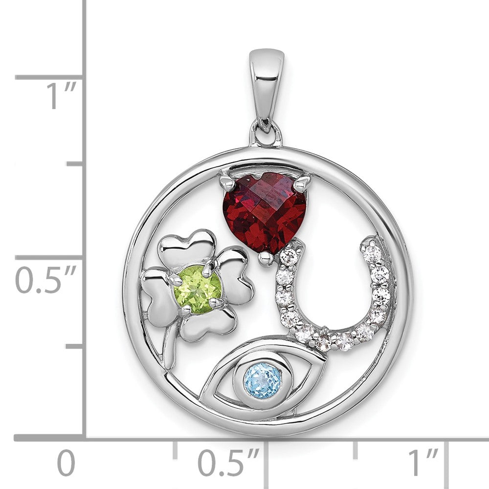 Sterlingsilber Rhodiniert Poliert Multi Edelstein Good Luck Anhänger