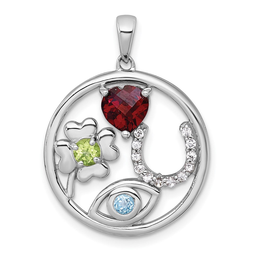 Sterlingsilber Rhodiniert Poliert Multi Edelstein Good Luck Anhänger