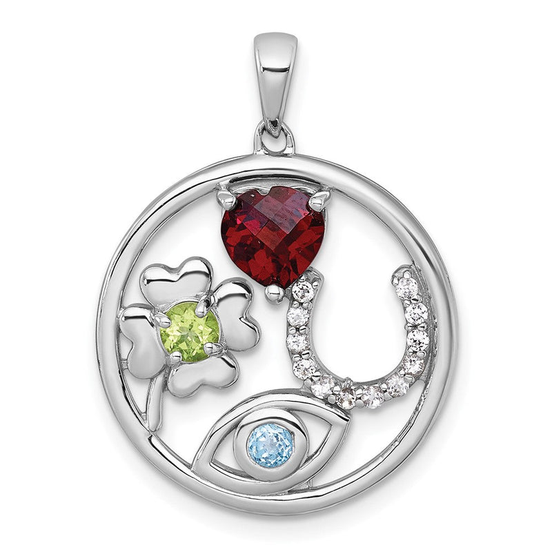 Sterlingsilber Rhodiniert Poliert Multi Edelstein Good Luck Anhänger