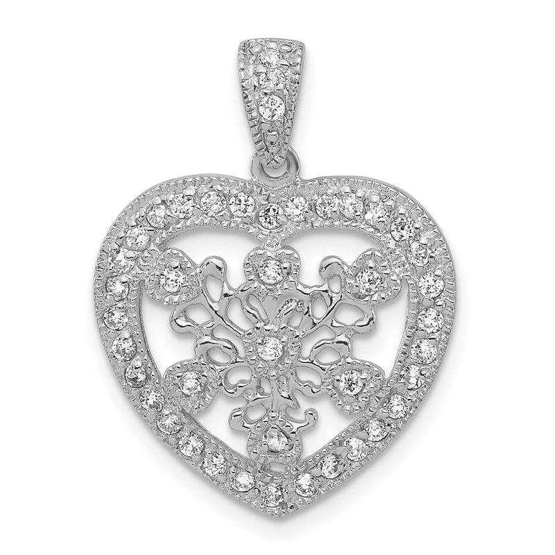 Sterlingsilber Poliert & Strukturiert Zirkonia Fantasie Herz Anhänger