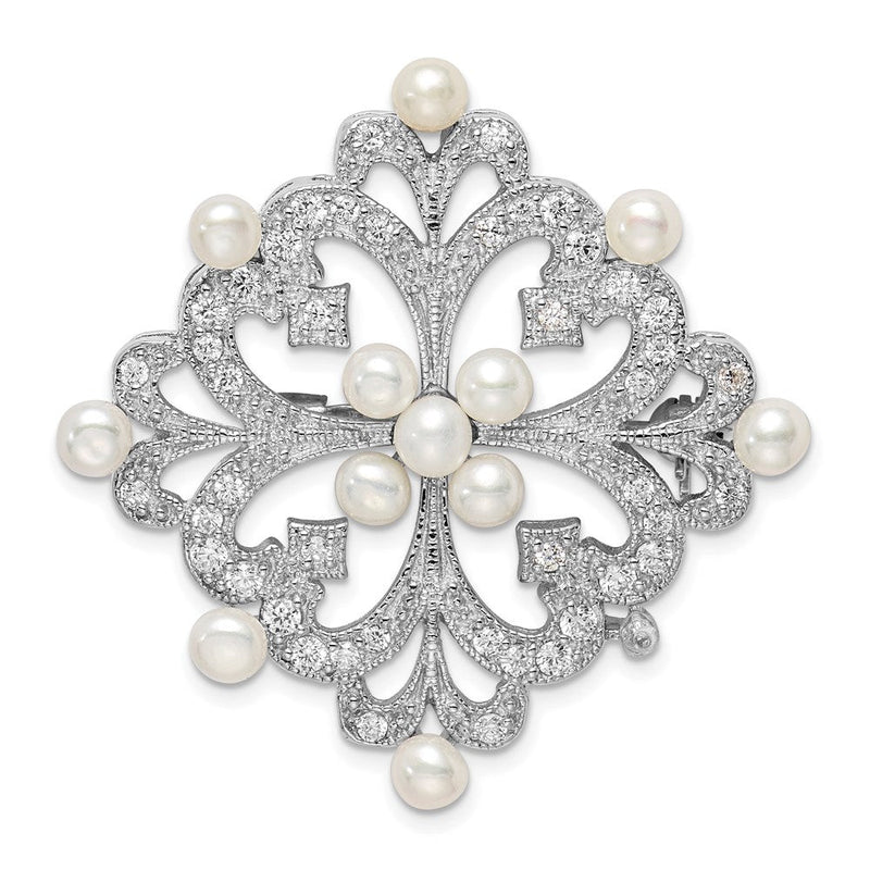 Sterlingsilber Rhodiniert Zirkonia und Süßwasser Zucht Pearls Vintage Style Brosche