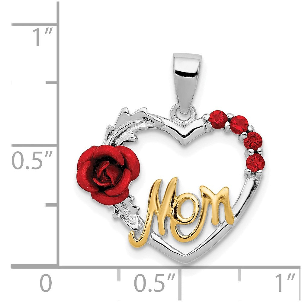 Sterlingsilber Vermeil Rot Blume und Zirkonia Mama Anhänger