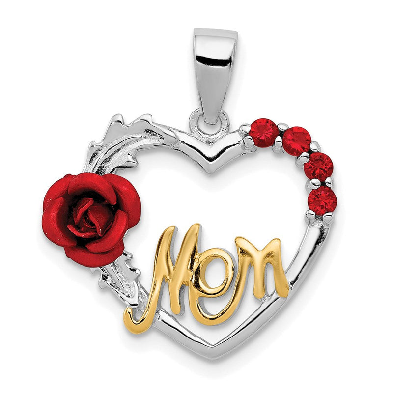 Sterlingsilber Vermeil Rot Blume und Zirkonia Mama Anhänger
