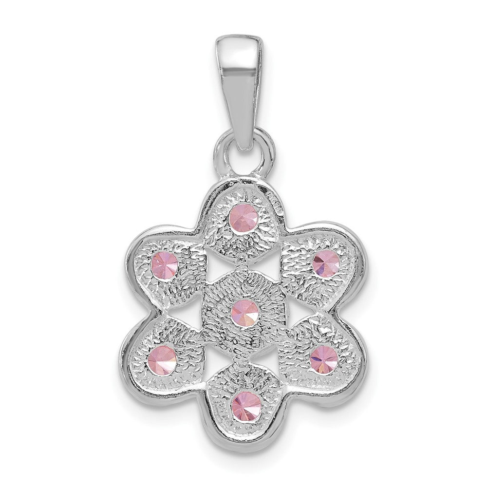 Sterlingsilber Poliert und Gekugelt Rosa Zirkonia Blume Anhänger