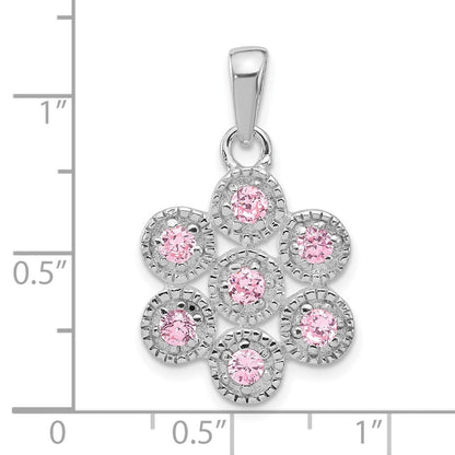 Sterlingsilber Poliert und Gekugelt Rosa Zirkonia Blume Anhänger