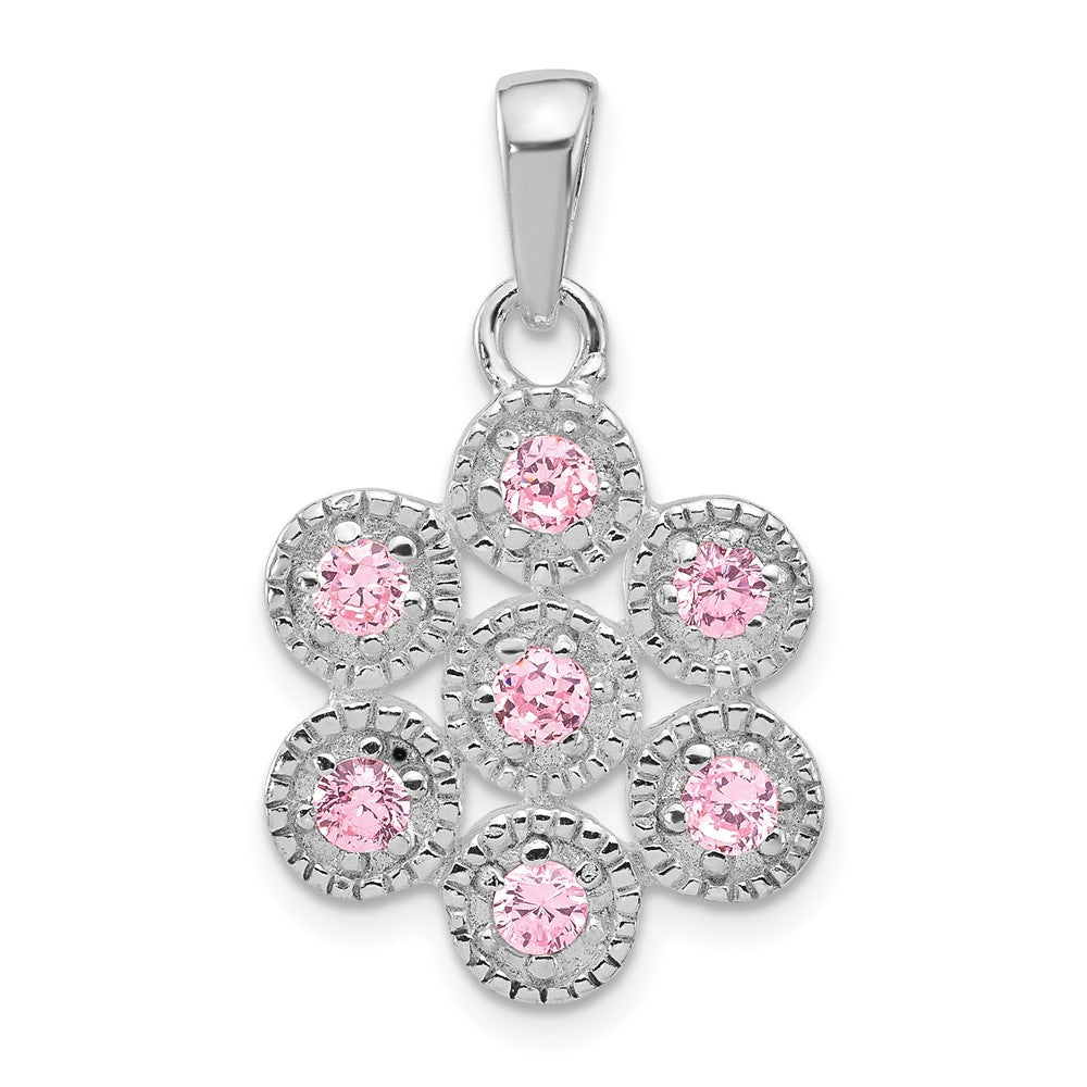 Sterlingsilber Poliert und Gekugelt Rosa Zirkonia Blume Anhänger