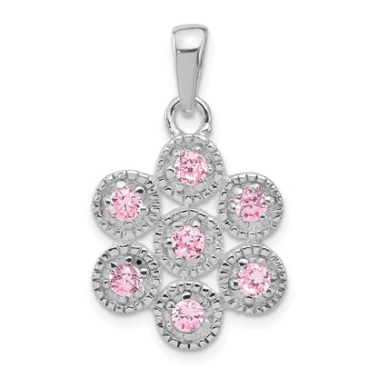 Sterlingsilber Poliert und Gekugelt Rosa Zirkonia Blume Anhänger