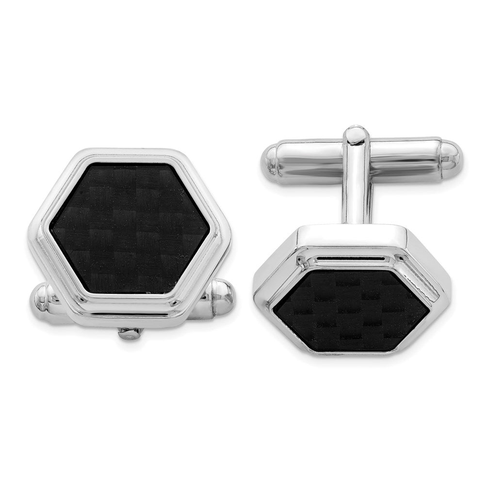 Sterlingsilber Rhodiniert Hexagon Schwarz Karbon Faser Manschettenknöpfe