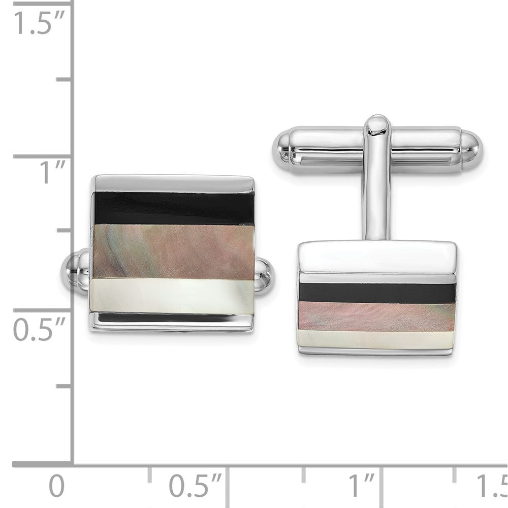 Sterlingsilber Rhodiniert Onyx und Weiß/grey Perlmutt Manschette Knöpfe