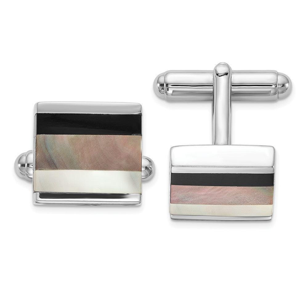 Sterlingsilber Rhodiniert Onyx und Weiß/grey Perlmutt Manschette Knöpfe