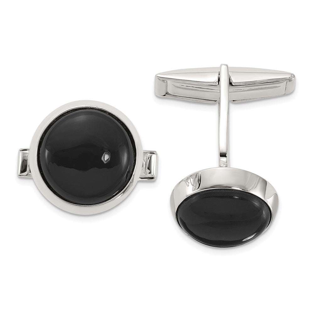 Sterlingsilber Poliert Rund Onyx Manschette Knöpfe