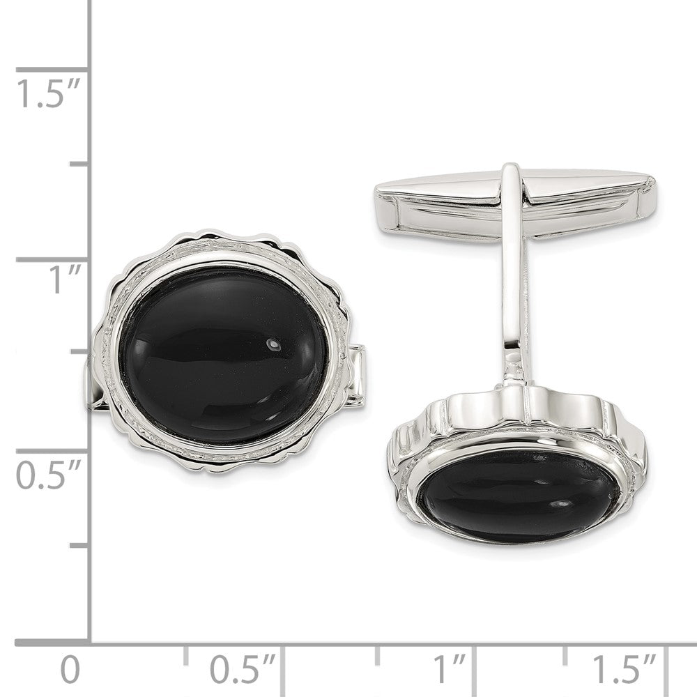 Sterlingsilber Poliert Rund mit Strukturiert Sides Onyx Manschette Knöpfe