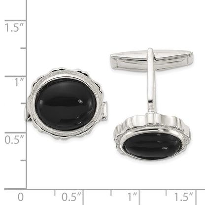 Sterlingsilber Poliert Rund mit Strukturiert Sides Onyx Manschette Knöpfe