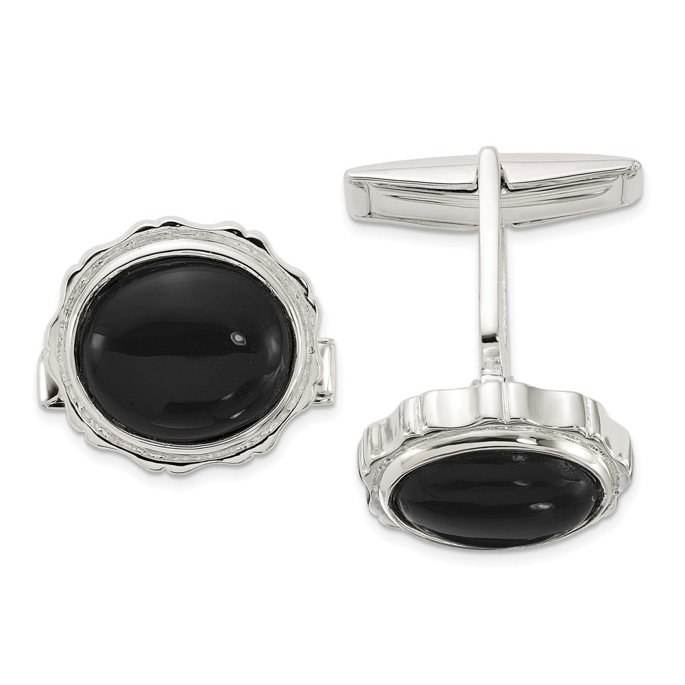 Sterlingsilber Poliert Rund mit Strukturiert Sides Onyx Manschette Knöpfe