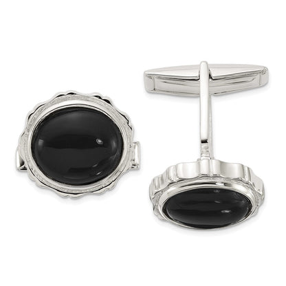 Sterlingsilber Poliert Rund mit Strukturiert Sides Onyx Manschette Knöpfe