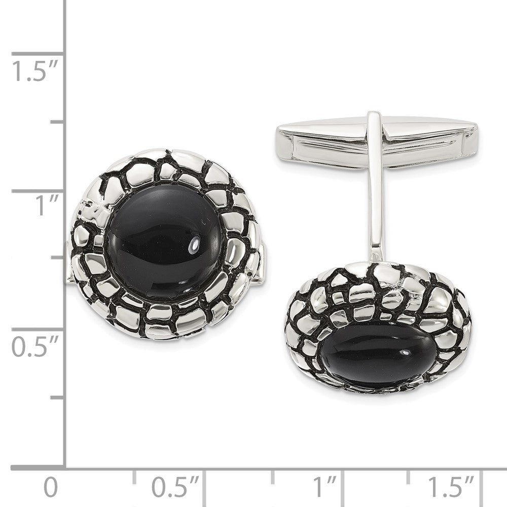 Sterlingsilber Poliert Rund Onyx mit Emaille Manschette Knöpfe