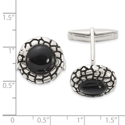 Sterlingsilber Poliert Rund Onyx mit Emaille Manschette Knöpfe