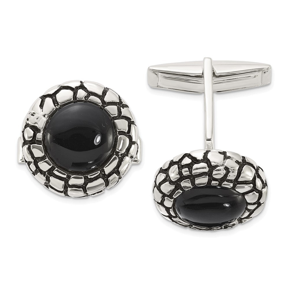 Sterlingsilber Poliert Rund Onyx mit Emaille Manschette Knöpfe