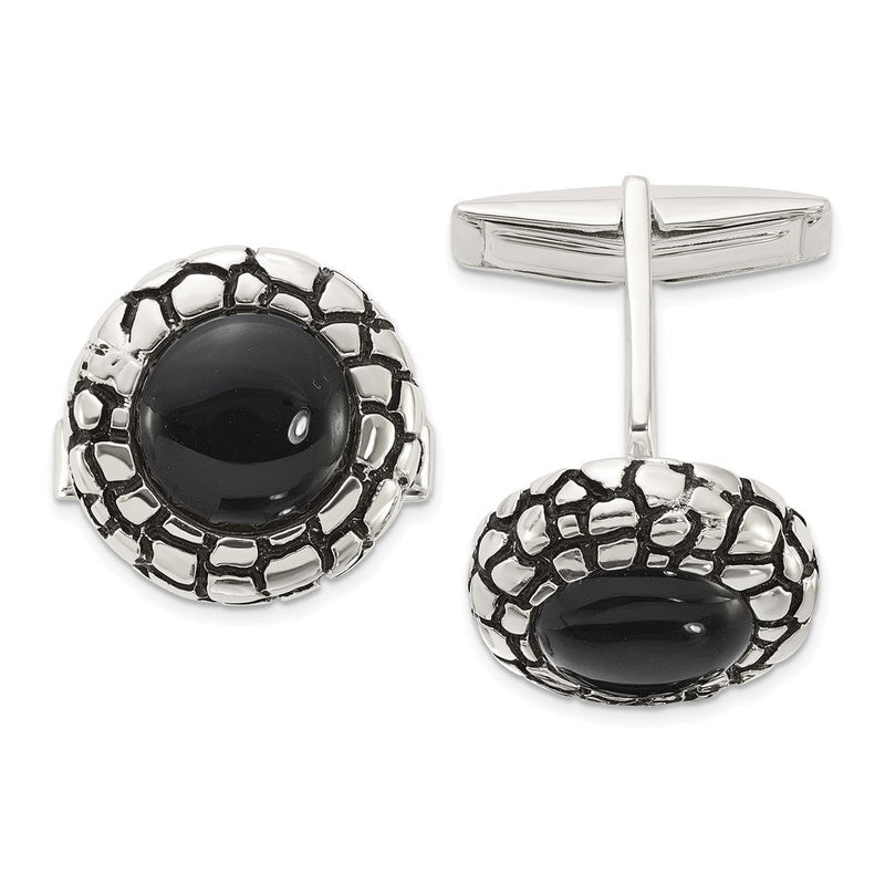 Sterlingsilber Poliert Rund Onyx mit Emaille Manschette Knöpfe