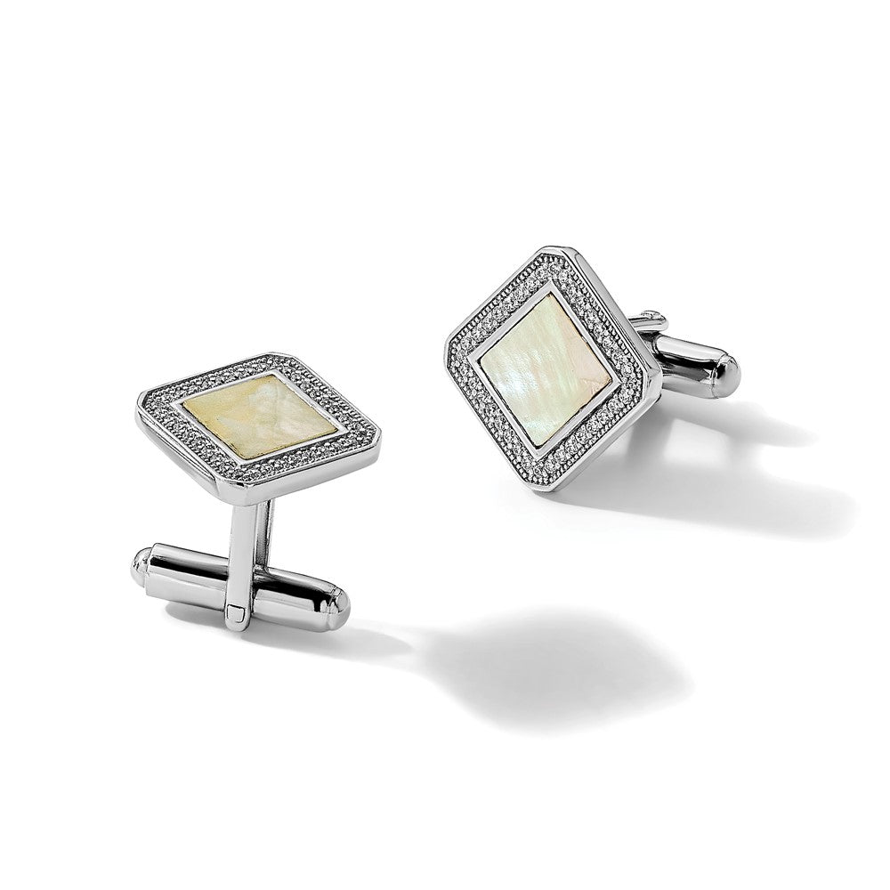 Sterlingsilber Rhodiniert Zirkonia und Perlmutt Quadratisch Manschette Knöpfe