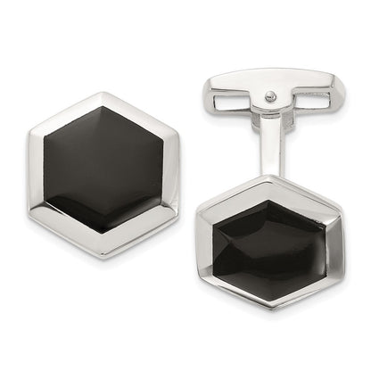 Sterlingsilber Poliert Onyx Hexagon Manschette Knöpfe