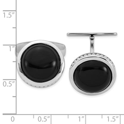 Sterlingsilber Rhodiniert Poliert Rund Schwarz Onyx Manschette Knöpfe