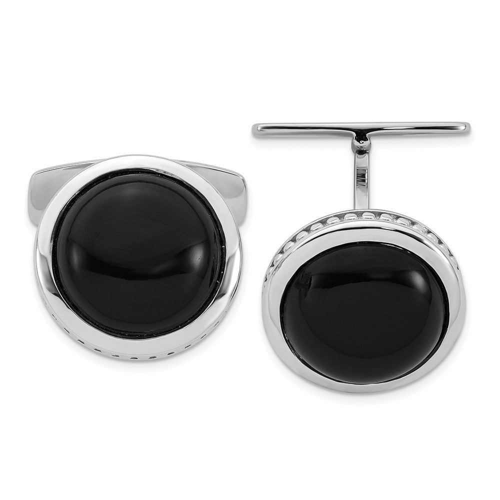 Sterlingsilber Rhodiniert Poliert Rund Schwarz Onyx Manschette Knöpfe