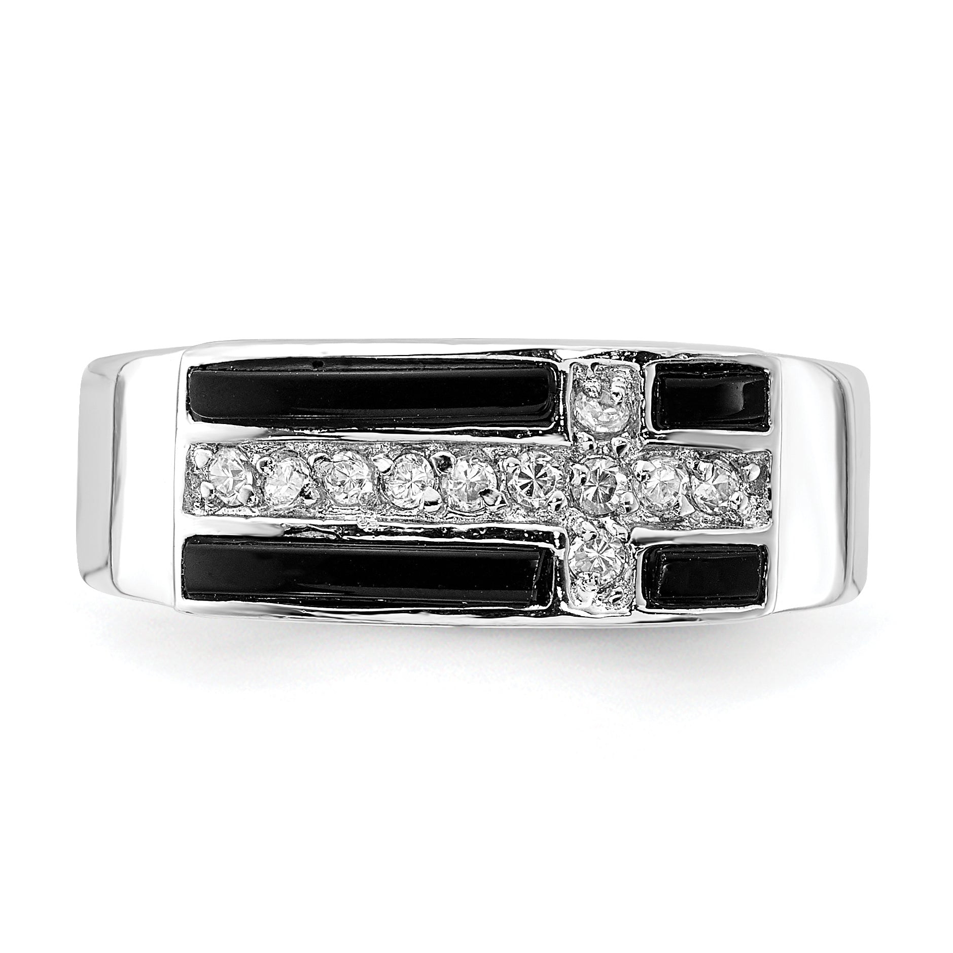 Sterlingsilber Poliert Schwarz Emaille & Zirkonia Kreuz Ring