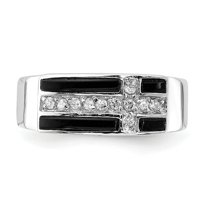 Sterlingsilber Poliert Schwarz Emaille & Zirkonia Kreuz Ring
