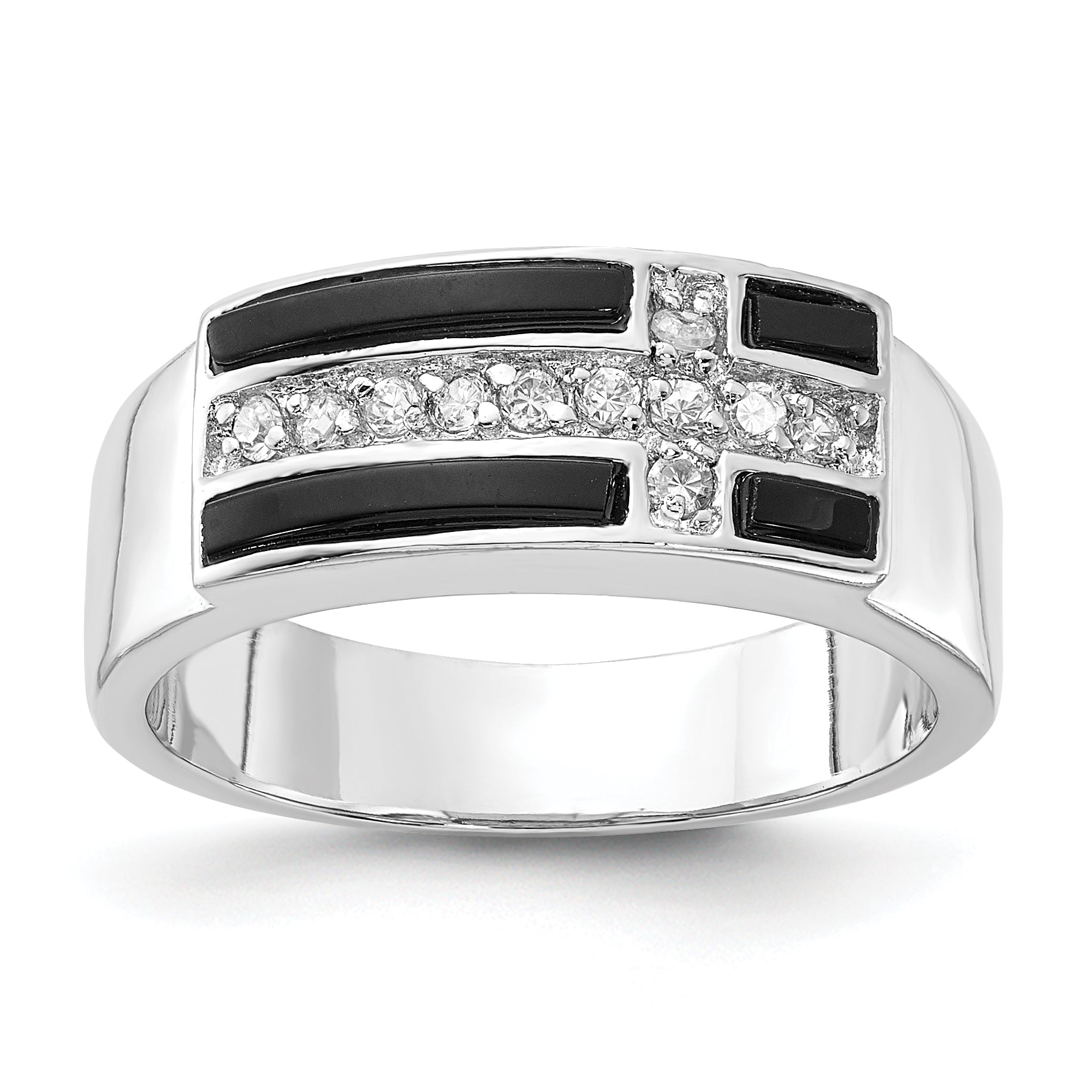 Sterlingsilber Poliert Schwarz Emaille & Zirkonia Kreuz Ring