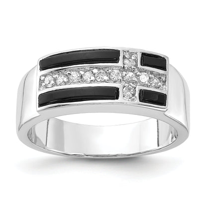 Sterlingsilber Poliert Schwarz Emaille & Zirkonia Kreuz Ring
