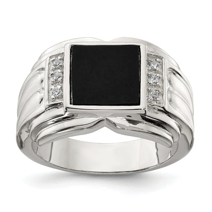 Sterlingsilber Rhodiniert Zirkonia und Onyx Ring