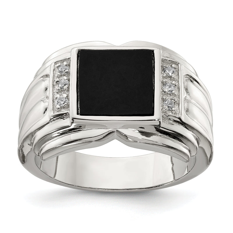 Sterlingsilber Rhodiniert Zirkonia und Onyx Ring