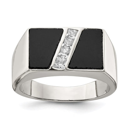 Sterlingsilber Rhodiniert Herren Zirkonia und Onyx Ring