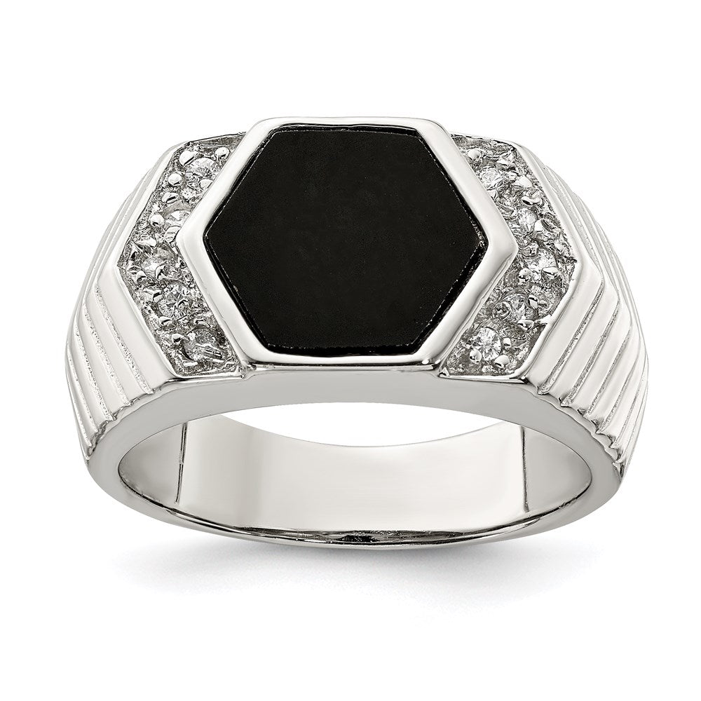 Sterlingsilber Rhodiniert Herren Zirkonia und Onyx Ring