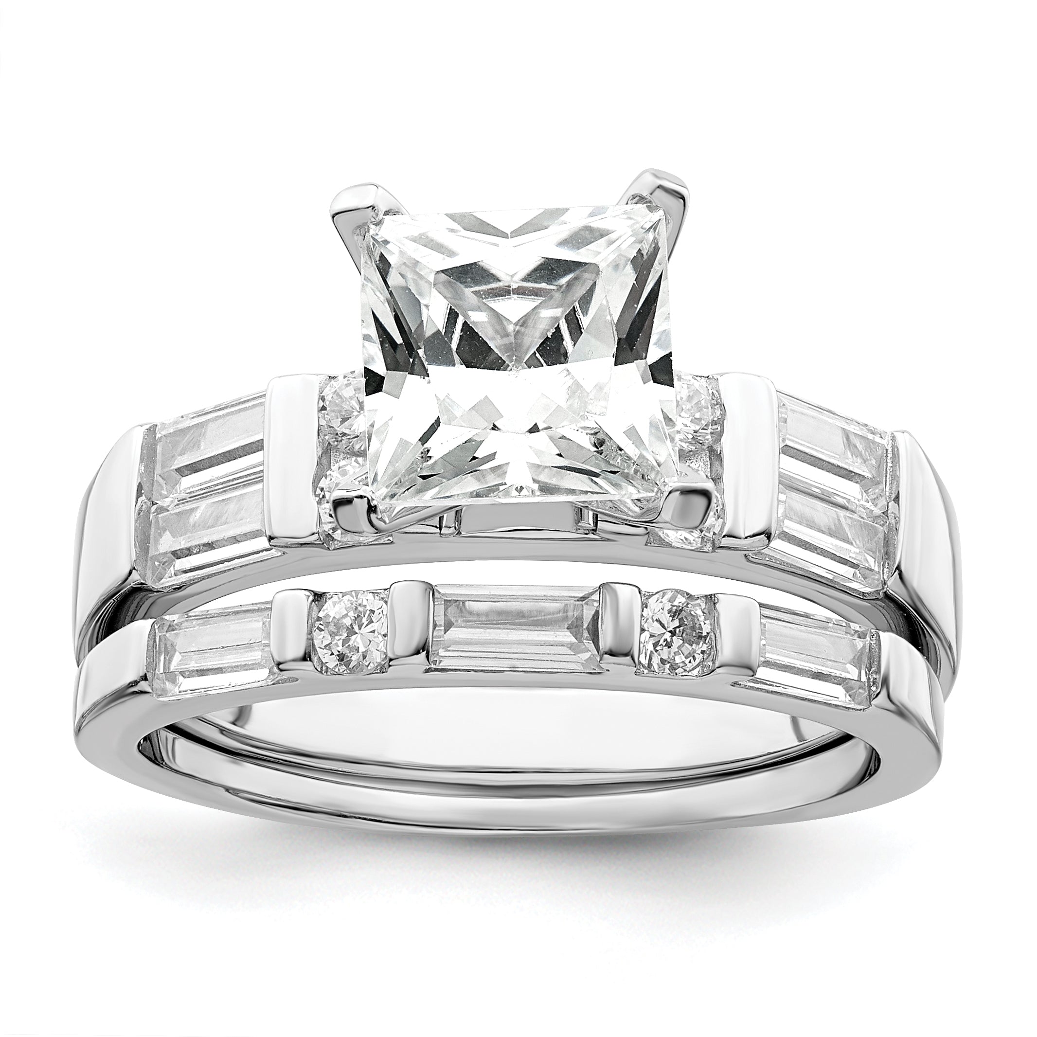 Sterlingsilber Rhodiniert Zirkonia Verlobungsring und Ehering Zwei Stück Set