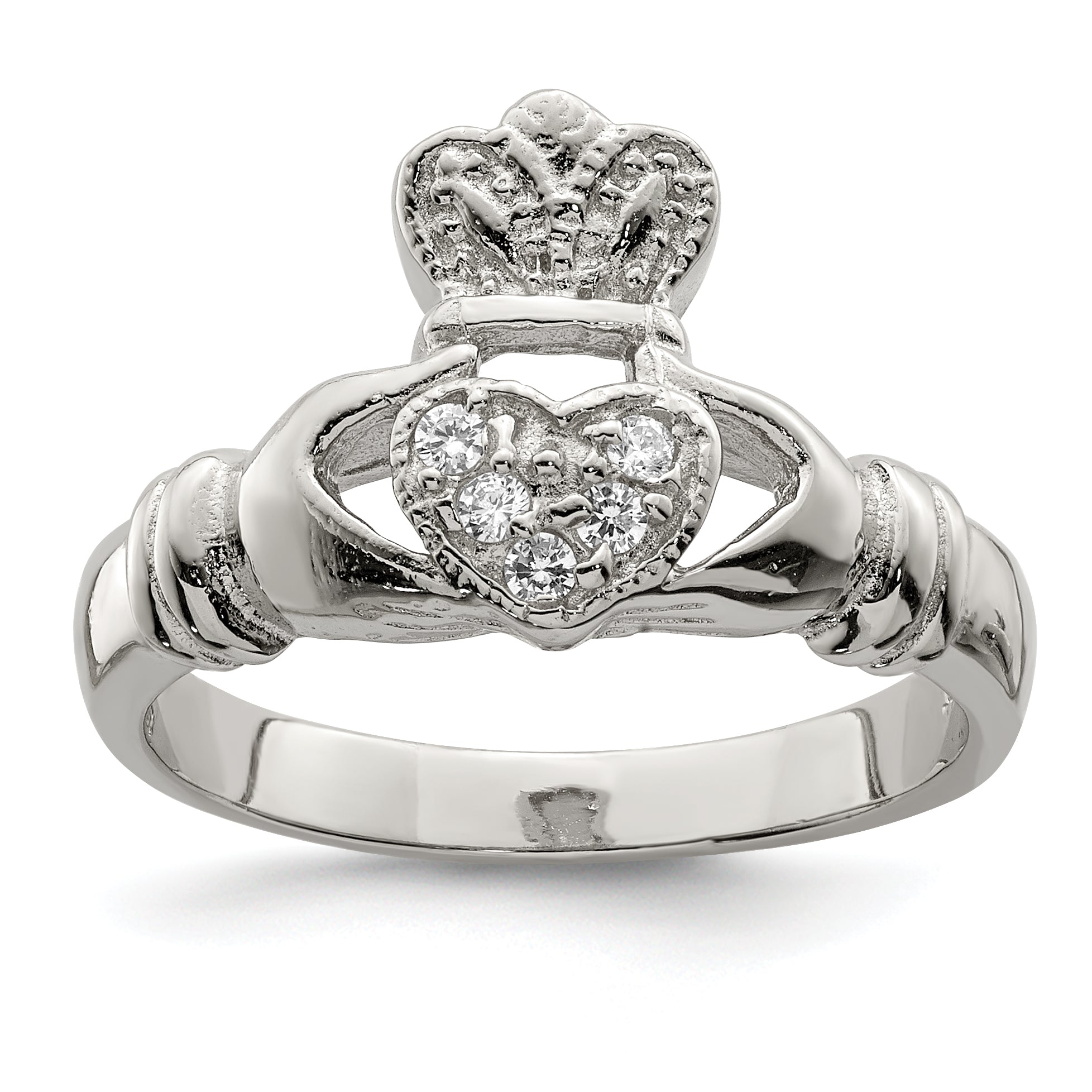 Sterlingsilber Rhodiniert Zirkonia Claddagh Ring