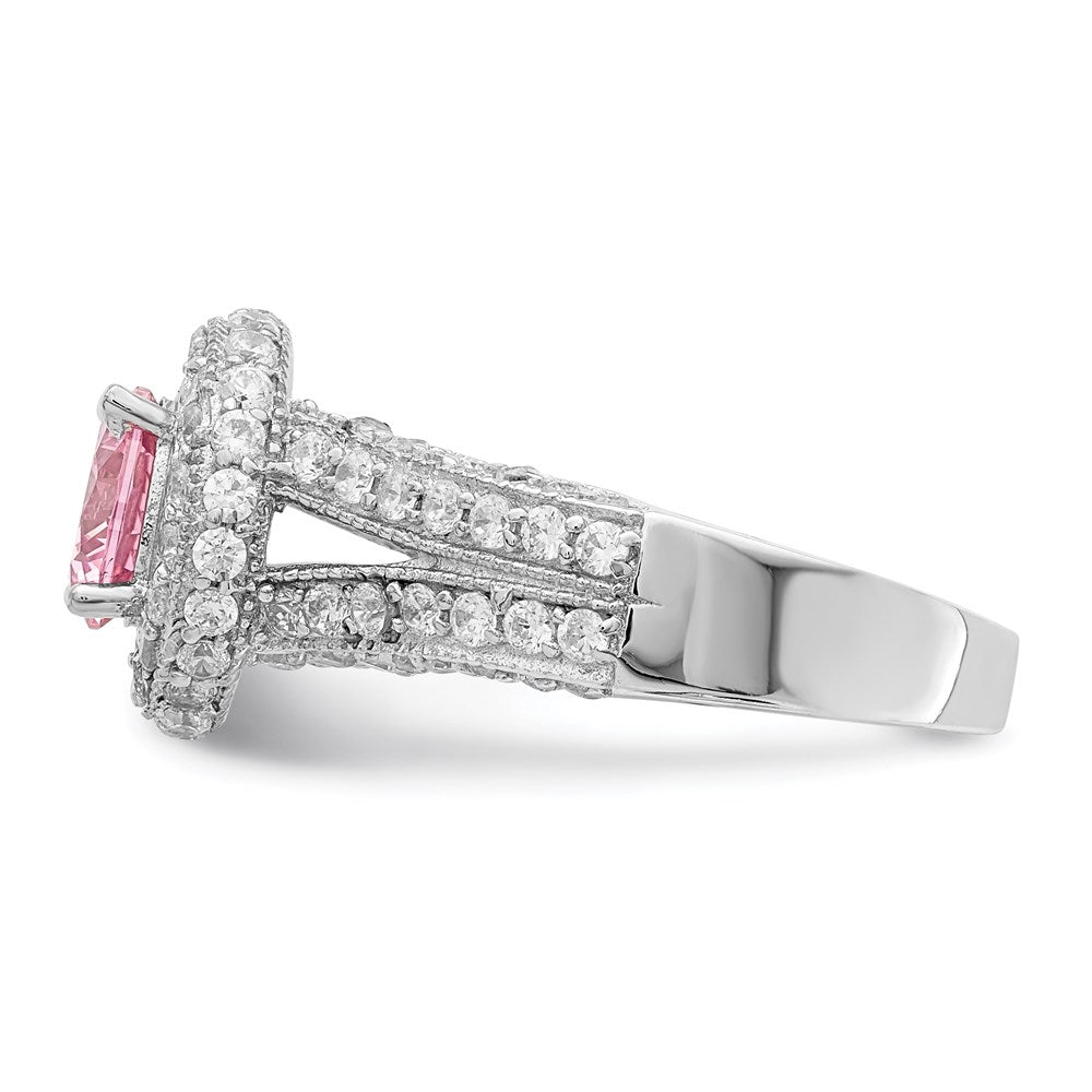Sterlingsilber Rhodiniert 10mm Klar Zirkonia und Rosa Herz Ring
