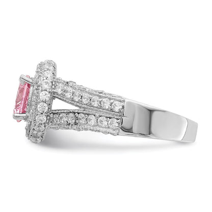Sterlingsilber Rhodiniert 10mm Klar Zirkonia und Rosa Herz Ring