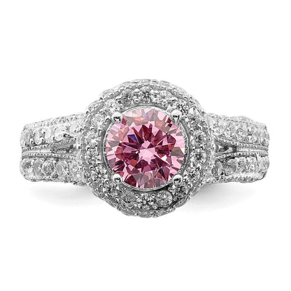 Sterlingsilber Rhodiniert 10mm Klar Zirkonia und Rosa Herz Ring
