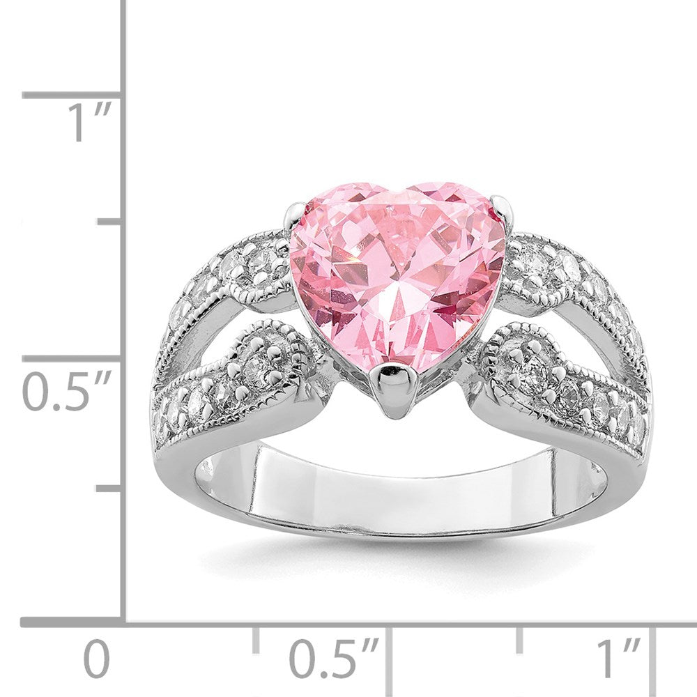Sterlingsilber Rhodiniert 10mm Klar Zirkonia und Rosa Herz Ring