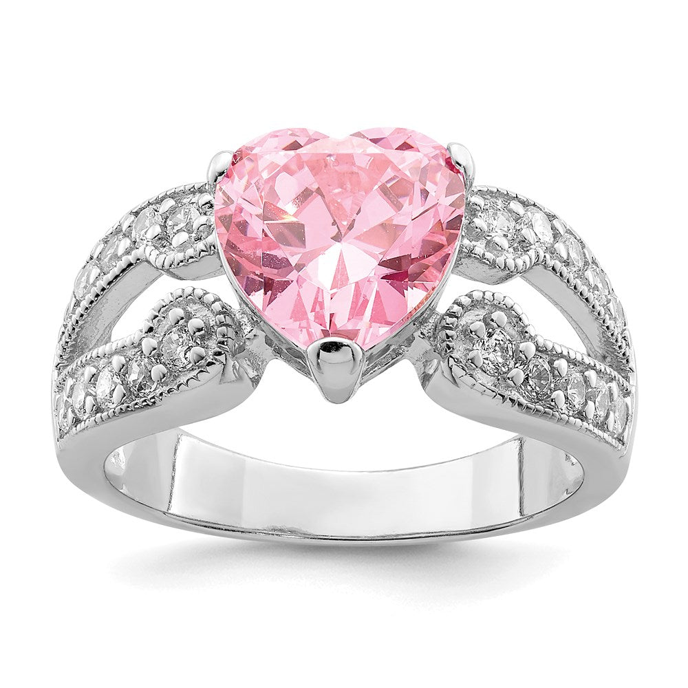 Sterlingsilber Rhodiniert 10mm Klar Zirkonia und Rosa Herz Ring