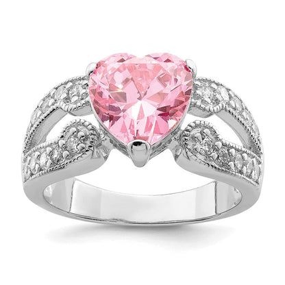 Sterlingsilber Rhodiniert 10mm Klar Zirkonia und Rosa Herz Ring
