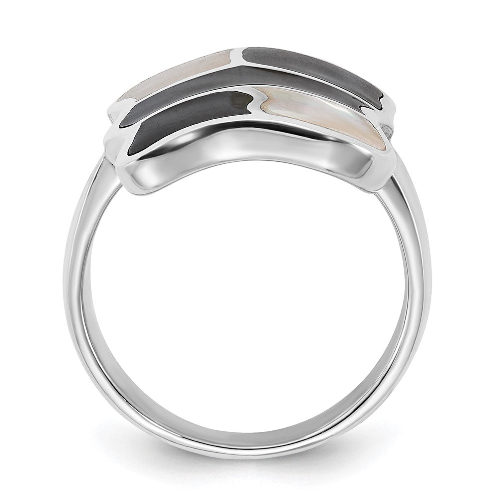 Sterlingsilber Poliert Perlmutt & Schwarz Emaille Ring (size 6 Nur)