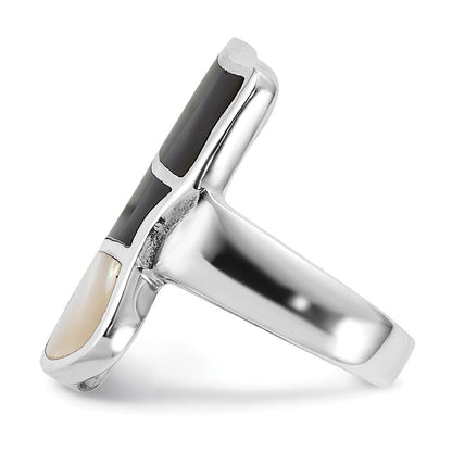 Sterlingsilber Poliert Perlmutt & Schwarz Emaille Ring (size 6 Nur)