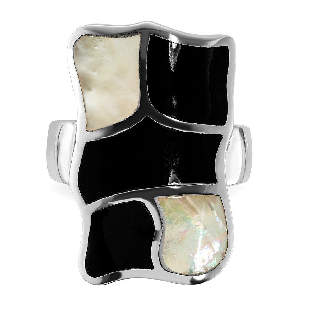 Sterlingsilber Poliert Perlmutt & Schwarz Emaille Ring (size 6 Nur)