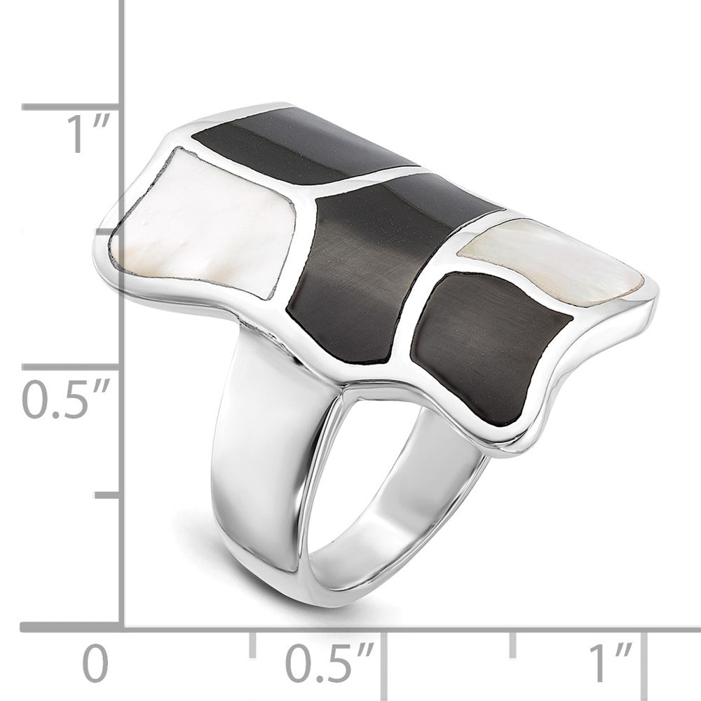 Sterlingsilber Poliert Perlmutt & Schwarz Emaille Ring (size 6 Nur)