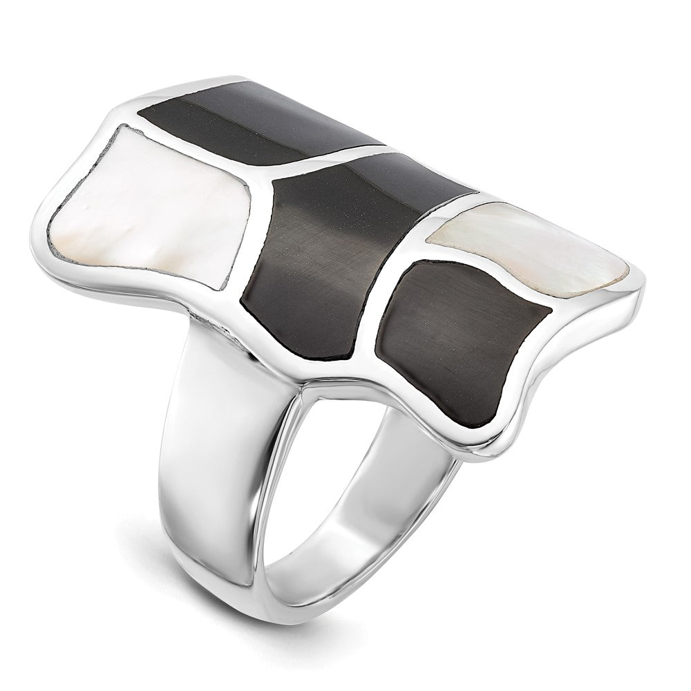 Sterlingsilber Poliert Perlmutt & Schwarz Emaille Ring (size 6 Nur)