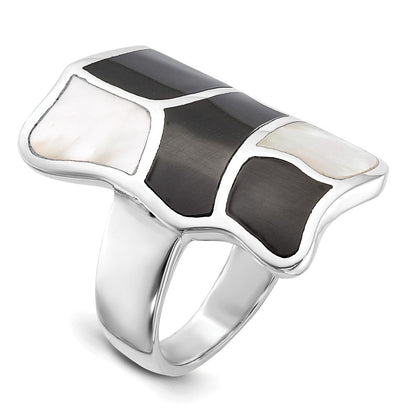Sterlingsilber Poliert Perlmutt & Schwarz Emaille Ring (size 6 Nur)